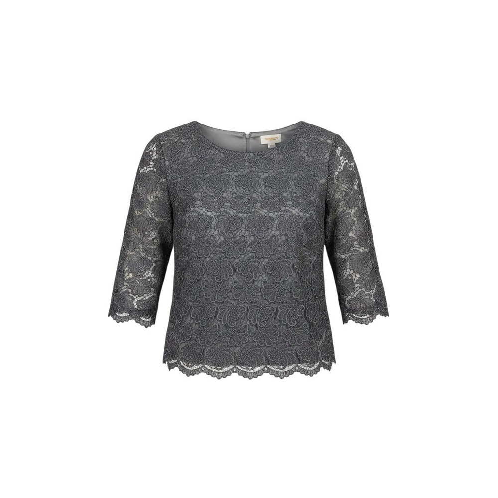 Talbots Lace Blouse 10 Gray Metallic Floral 3/4 Sleeve Scalloped Button Back